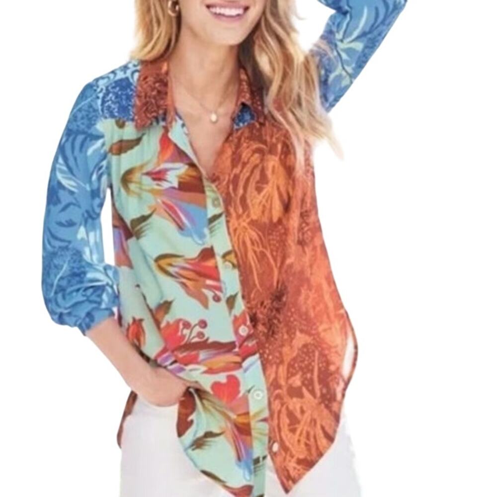 Soft Surroundings Womens Boho Hippie Button Up Blouse Long Sleeve Multicolor M